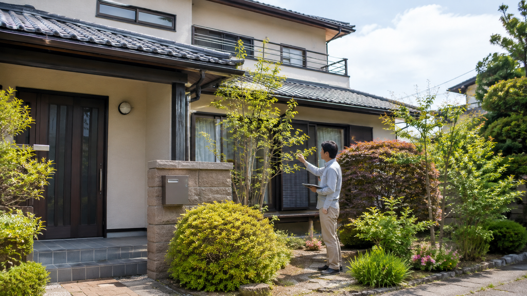 相続した空き家の建物や庭を点検する男性