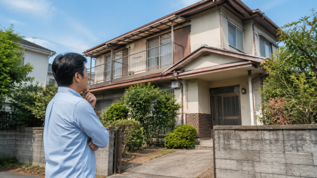 相続した売れない空き家を見ながら対策を考える男性