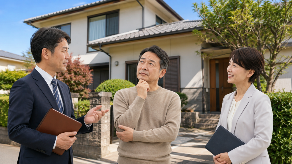 相続した実家の売却を依頼する不動産会社を比較する男性