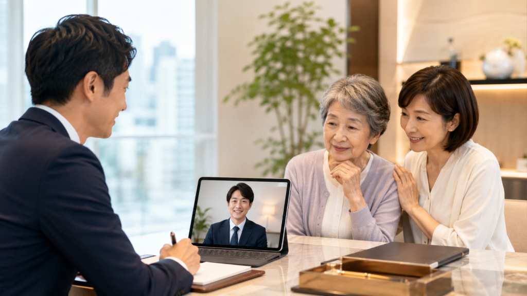 実家売却で代理人と本人のオンライン確認を行う日本人家族