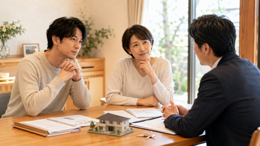 実家売却の査定額と査定根拠を不動産会社に確認する夫婦