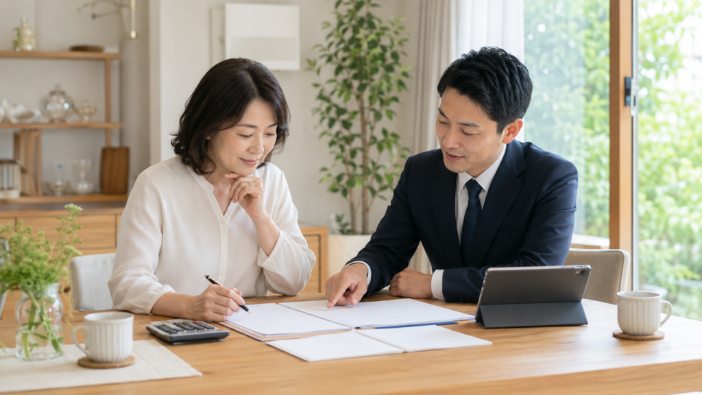 実家売却の費用と最終手取りを確認する女性と不動産担当者