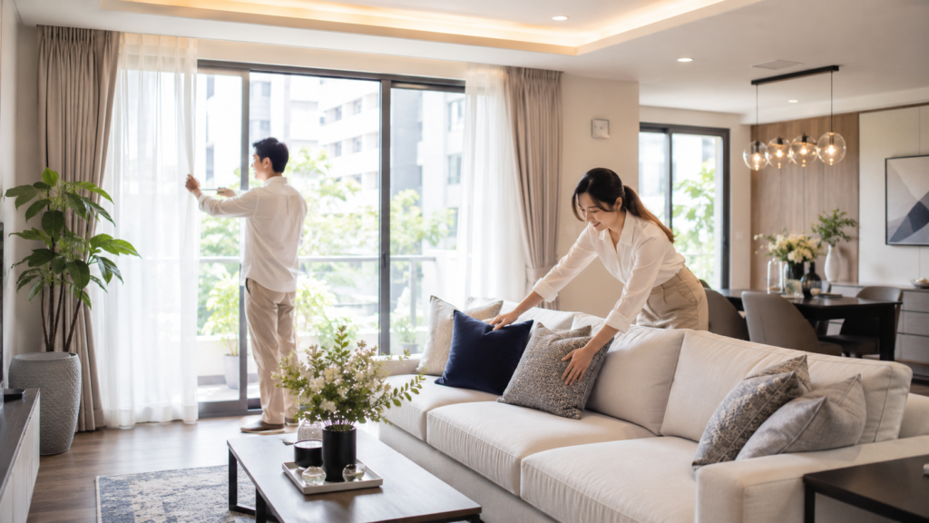 マンション売却前に明るく清潔な室内を整える日本人の男女