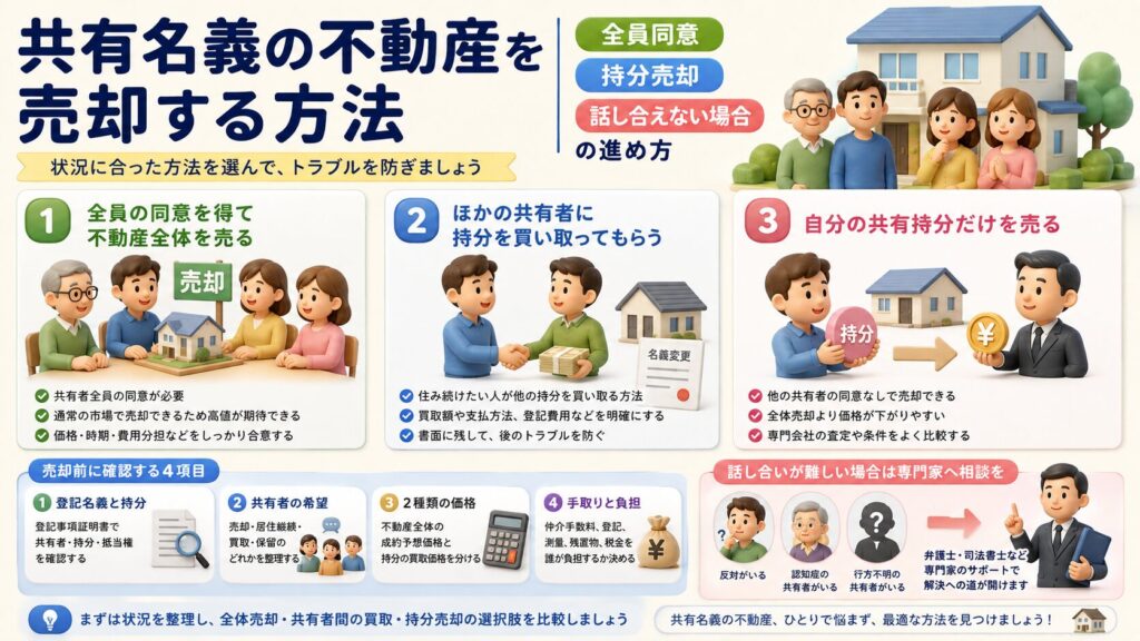 共有名義の不動産を売却する方法|全員同意・持分売却・話し合えない場合の進め方