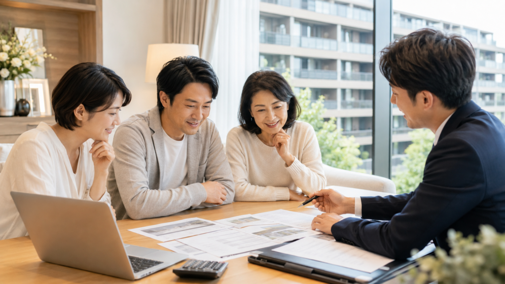 マンション査定と売却準備について確認する不動産担当者と所有者