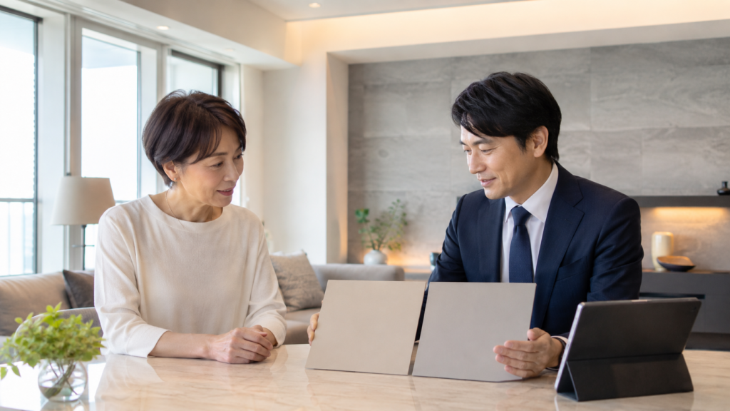 マンション売却で仲介と買取を比較する日本人の所有者と不動産担当者