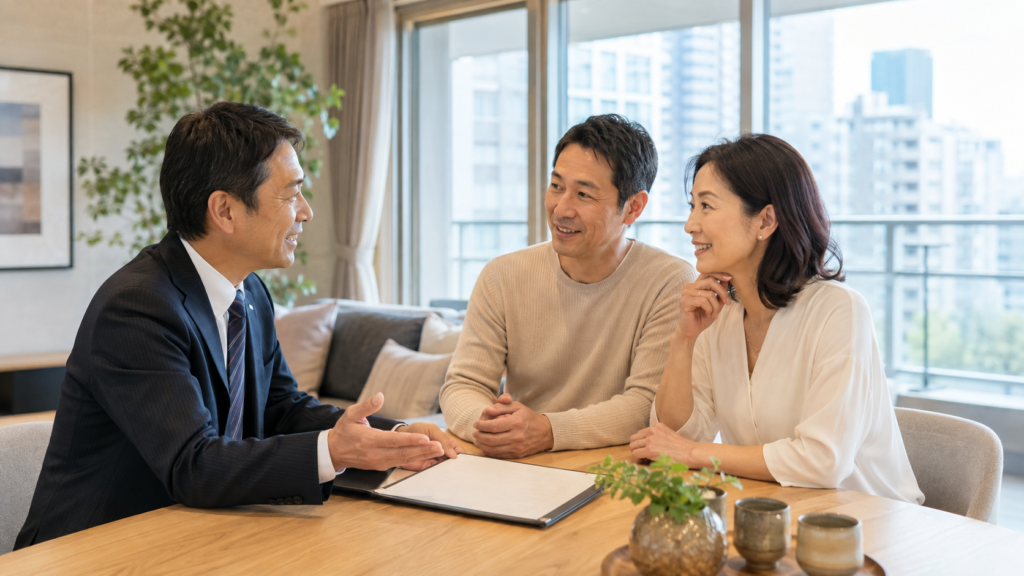 マンション売却の流れを不動産担当者へ相談する日本人夫婦