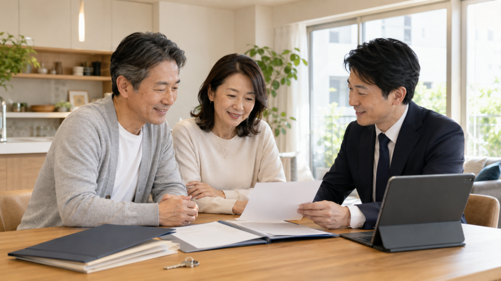 マンション売却の必要書類を不動産の専門家と確認する夫婦