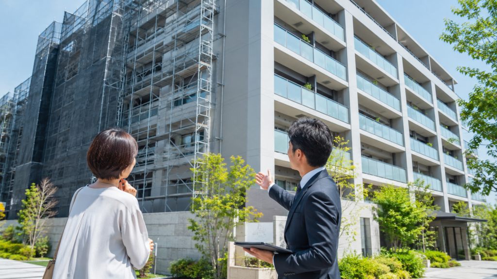大規模修繕中のマンションと売却時期を確認する様子