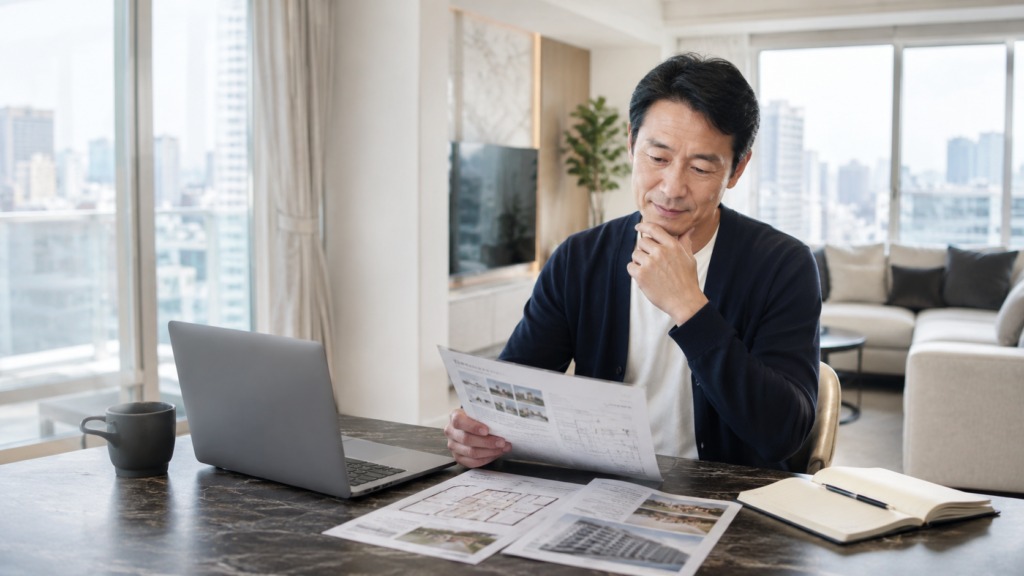 マンション売却相場を物件資料で調べる男性