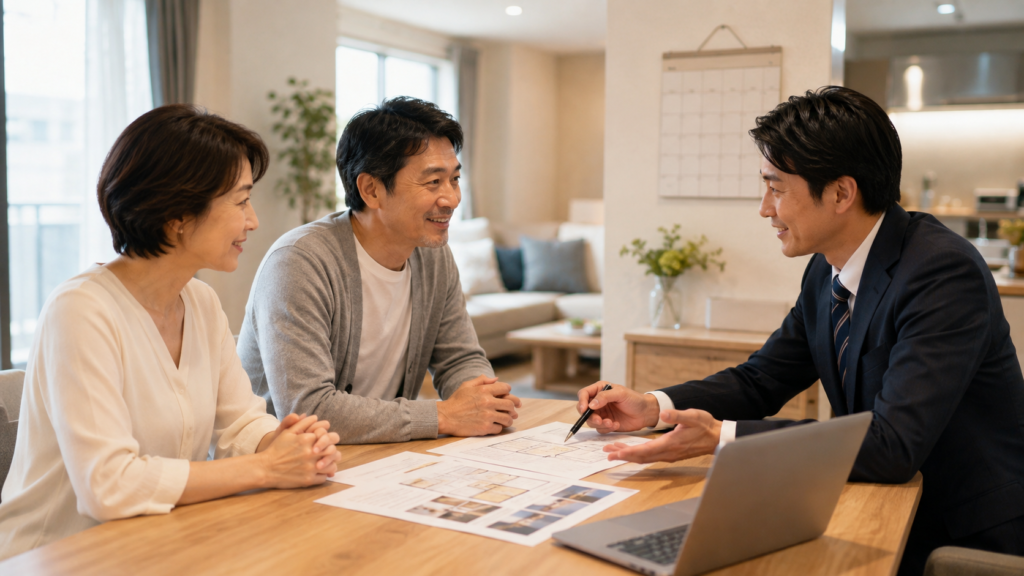 マンション売却期間について不動産担当者に相談する夫婦