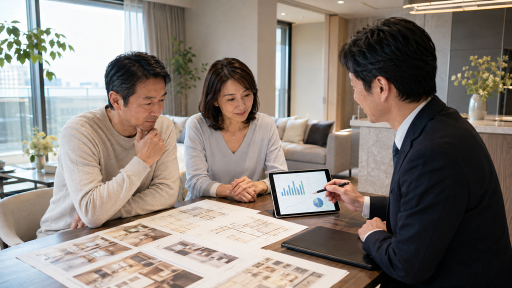 マンションの売却価格を決めるため査定資料を比較する夫婦と不動産担当者