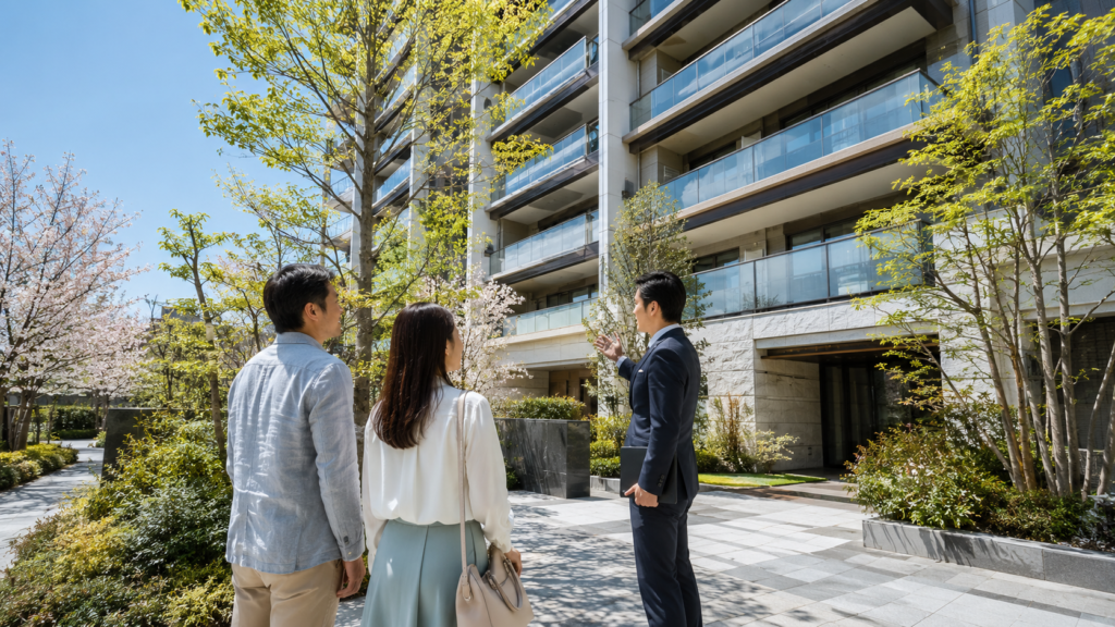 春にマンションを見学する購入希望者と不動産担当者