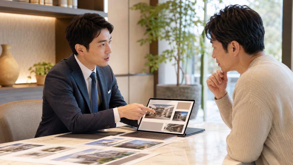 マンション売却の販売戦略を担当者から説明してもらう様子