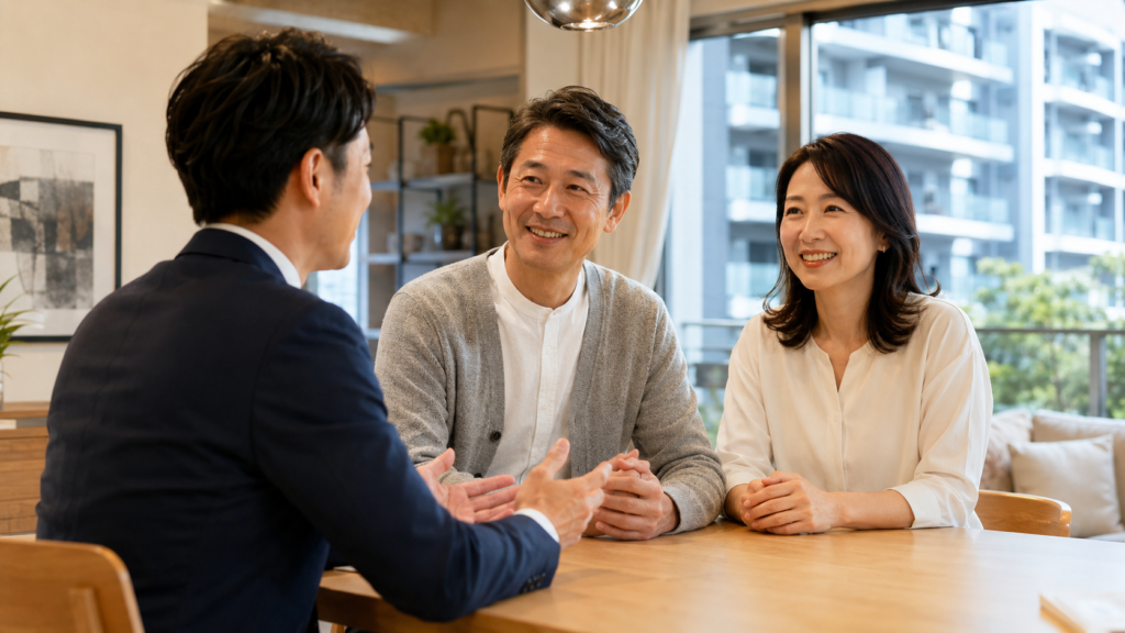 マンション売却の時期を不動産担当者に相談する夫婦