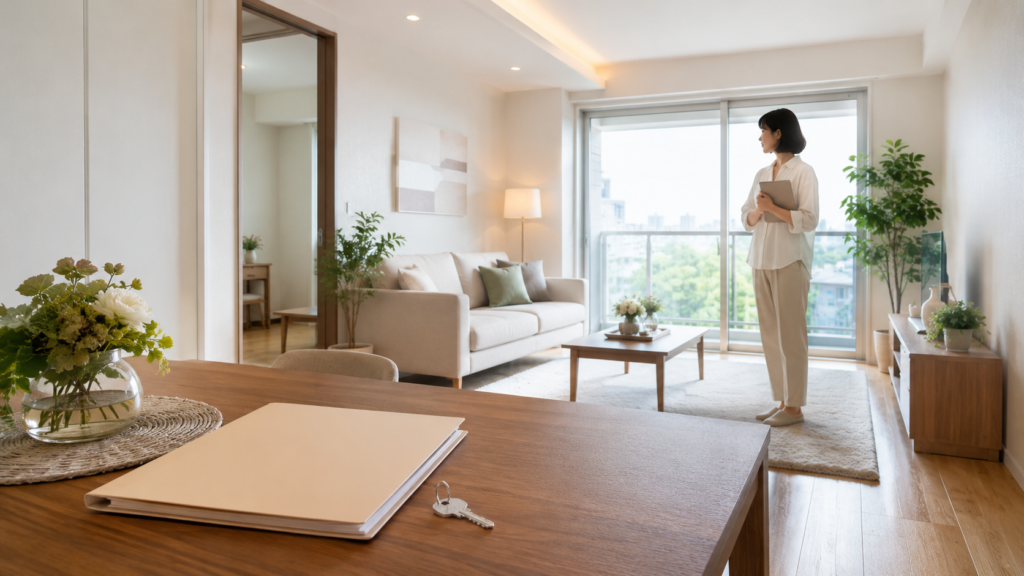 マンション売却前に室内を整えて内覧準備をする様子
