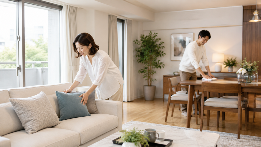 マンション売却の内覧前に室内を清掃して整える日本人夫婦