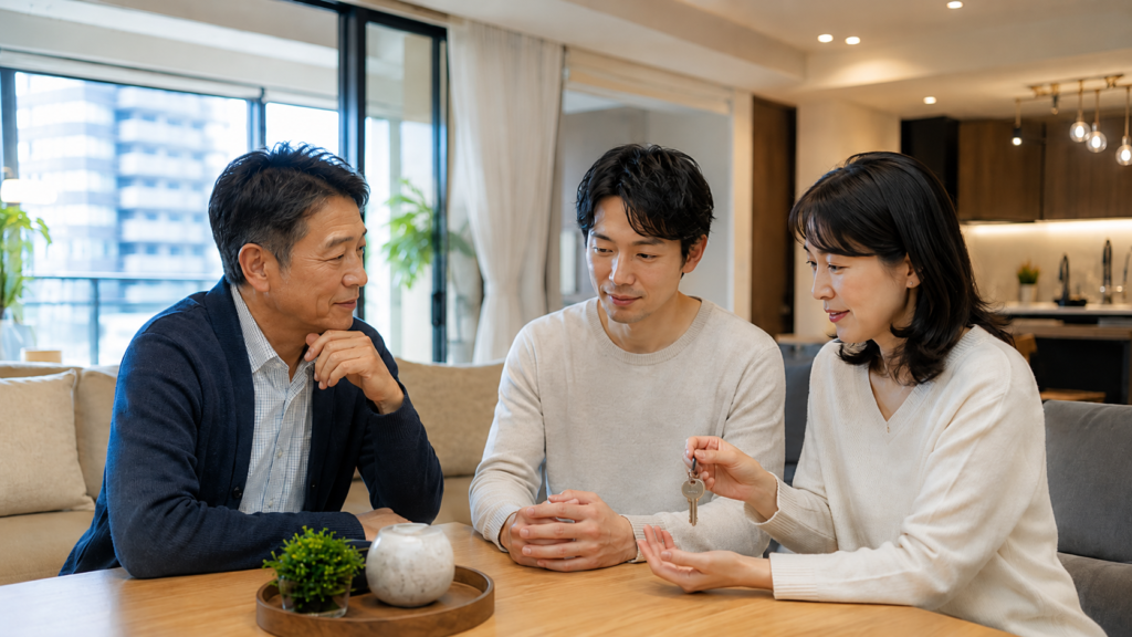 相続した箕面市のマンションについて家族で売却を相談する様子