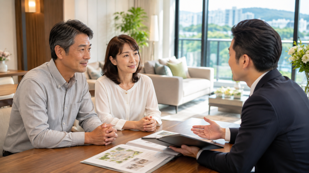 箕面市のマンション売却について不動産会社へ相談する夫婦