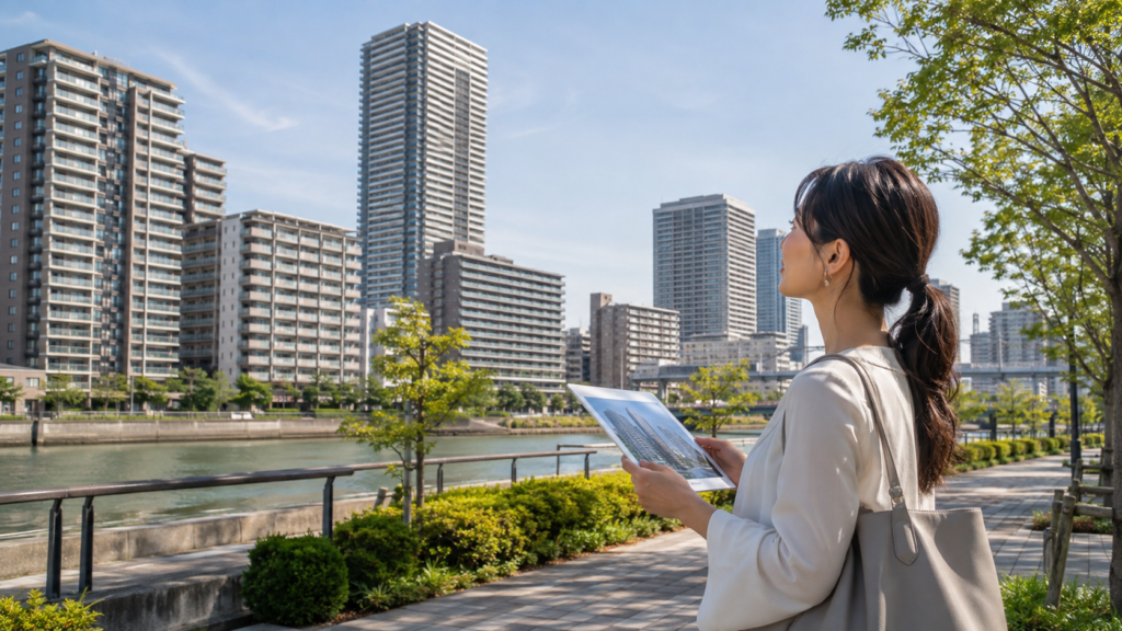 大阪市都島区周辺のマンションと住環境を確認する女性