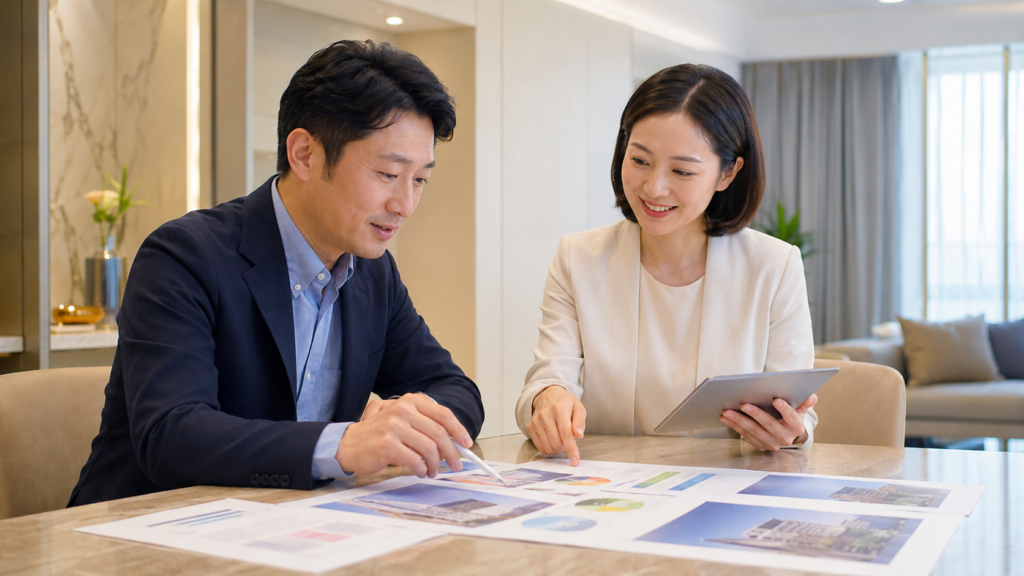 相続した大阪市浪速区のマンション売却を専門家に相談する家族