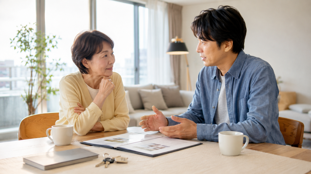 相続したマンションの売却について家族で話し合う親子
