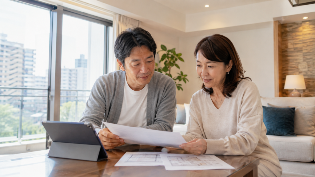 大阪市旭区のマンション売却について資料を確認する夫婦
