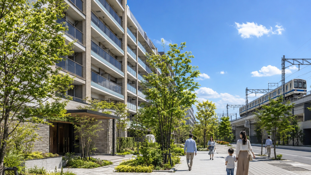 大阪市旭区のマンションと鉄道沿線をイメージした住宅街