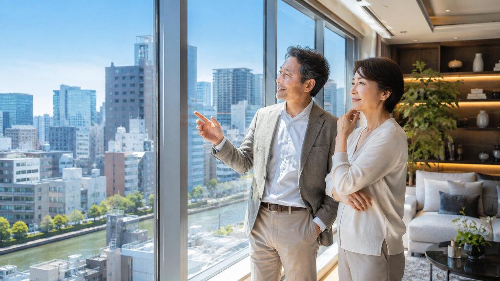 大阪市中央区のマンション売却を検討する夫婦と都心のマンション