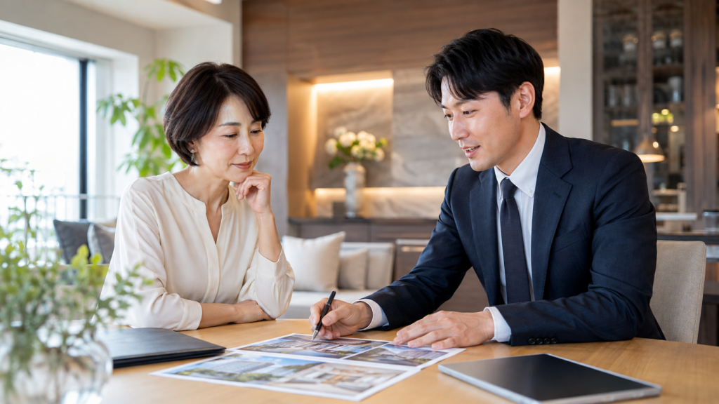 大阪市中央区のマンション査定について不動産会社と相談する女性