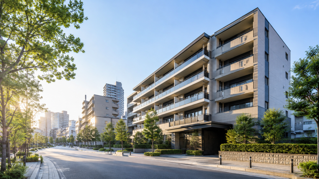 大阪市平野区のマンション売却をイメージした住宅街のマンション外観
