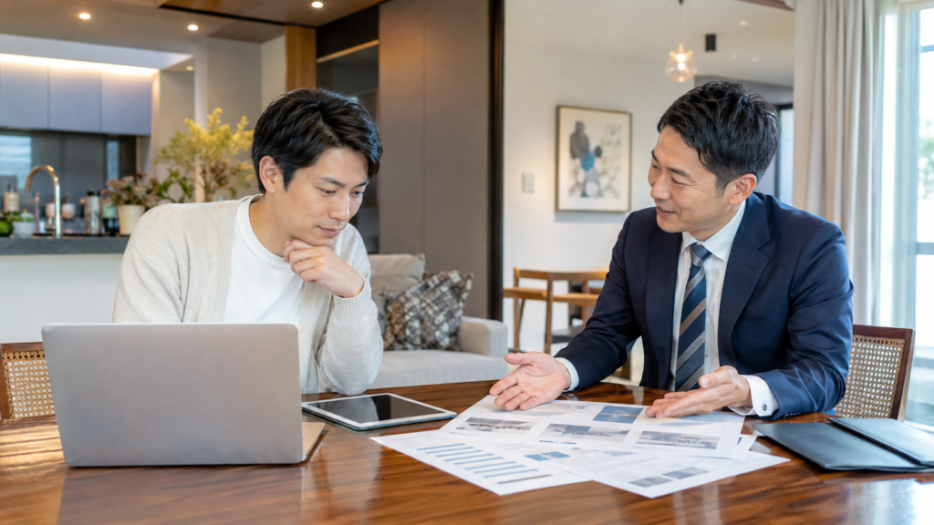 大阪市生野区のマンション査定額を不動産会社と比較する様子