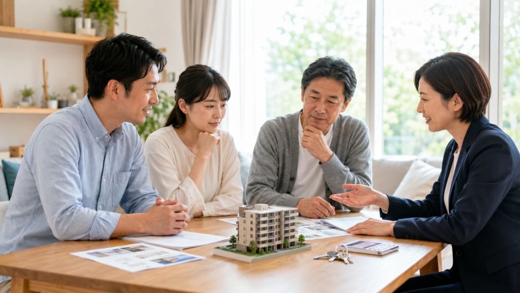 大阪で相続したマンションの売却について家族で相談する様子