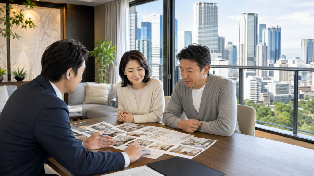 大阪市北区のマンション売却について不動産担当者へ相談する夫婦