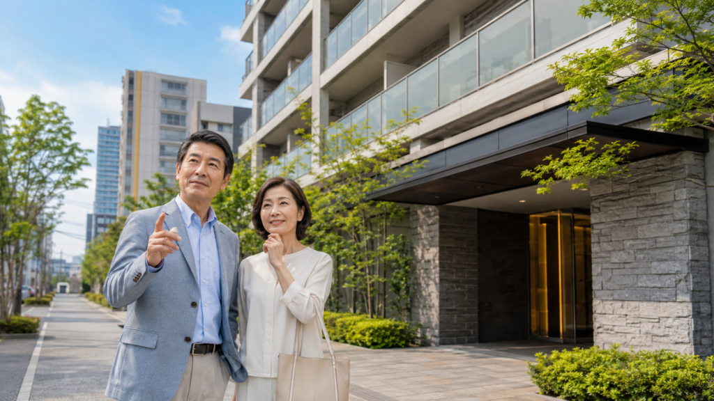 大阪市此花区のマンション売却を検討する夫婦とマンション外観