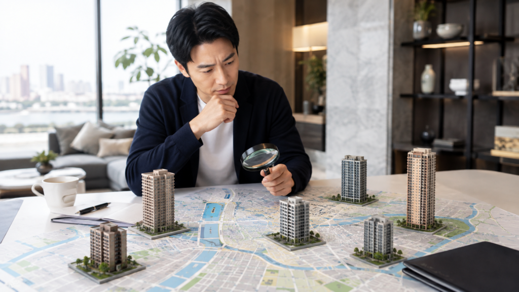 大阪の地域別マンション売却相場を比較して調べる様子