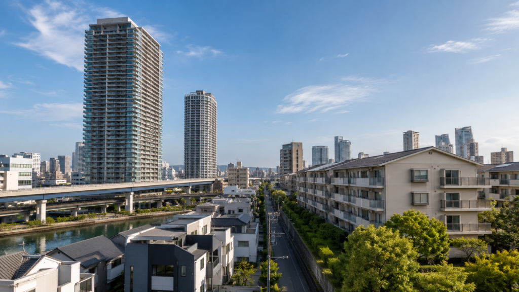 大阪市港区の高層マンションと築年数の異なるマンション街
