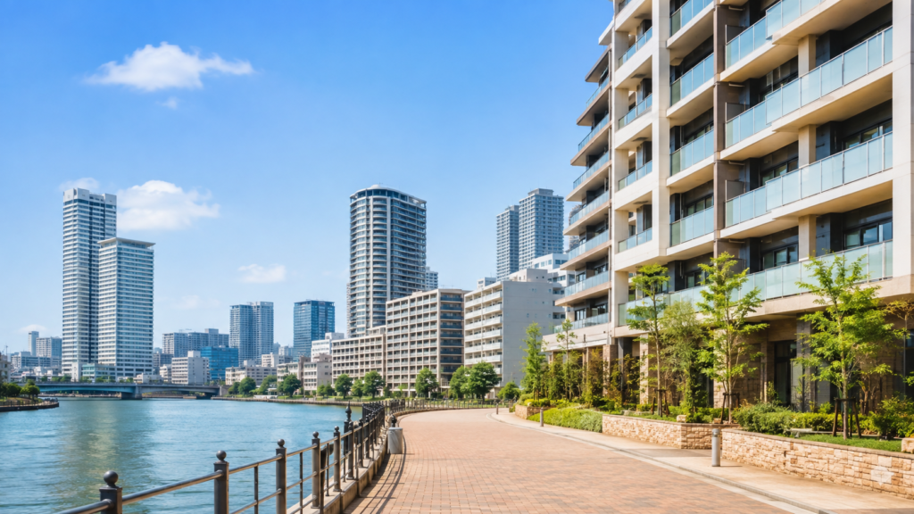 大阪市港区のマンションとウォーターフロントの街並み