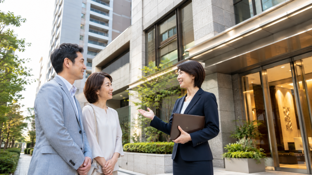大阪市西区のマンション前で売却相談をする日本人夫婦
