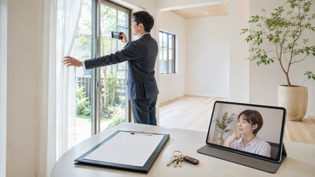 遠方の実家を不動産会社が現地確認し写真や動画で報告する様子