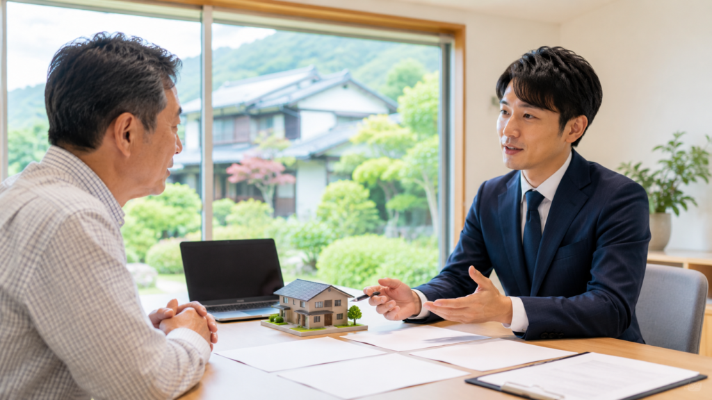 田舎の実家の仲介と買取を不動産会社に相談する様子