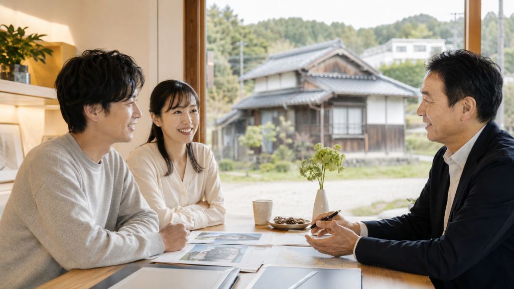 相続した田舎の実家の売却方法を専門家に相談する日本人家族