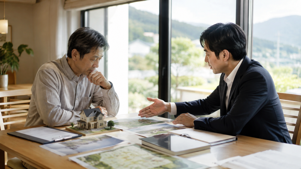 田舎の実家の土地や建物条件を不動産会社と確認する様子
