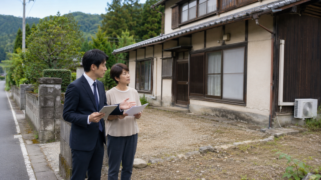 田舎の実家を売却する前に建物や接道条件を確認する様子
