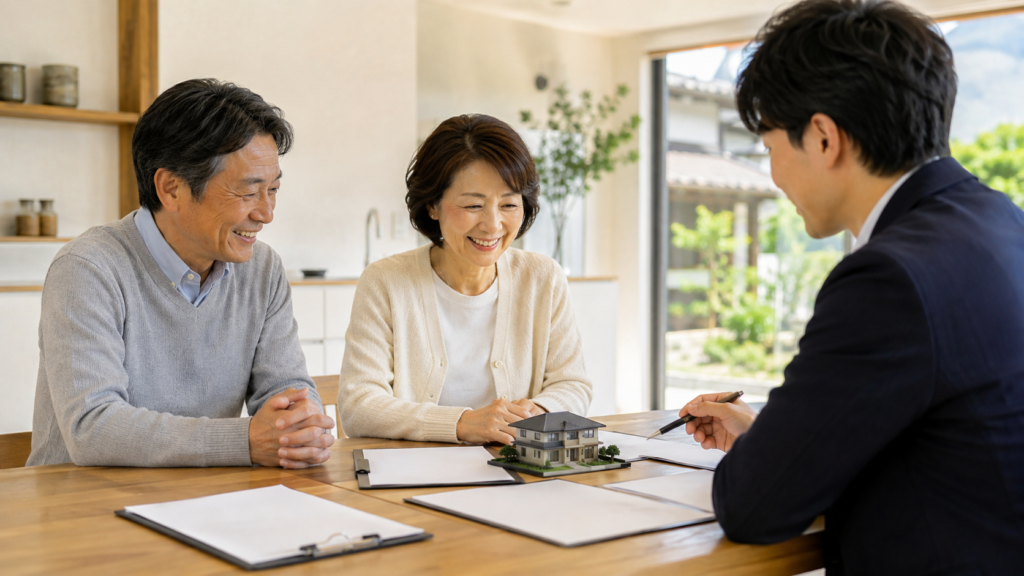 相続した田舎の実家の売却方針を家族と専門家で相談する様子