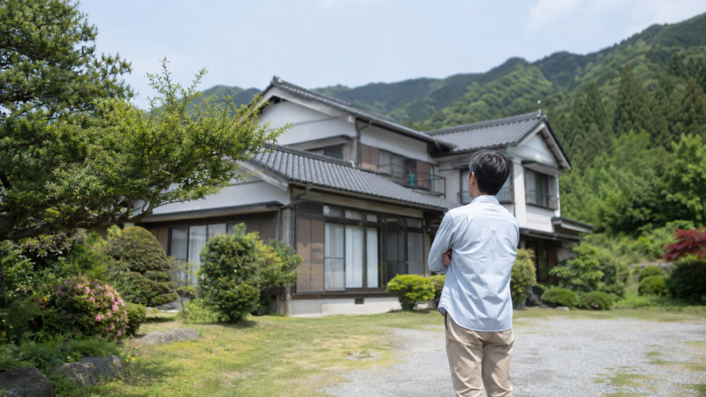 田舎の相続した実家を前に売却を考える男性
