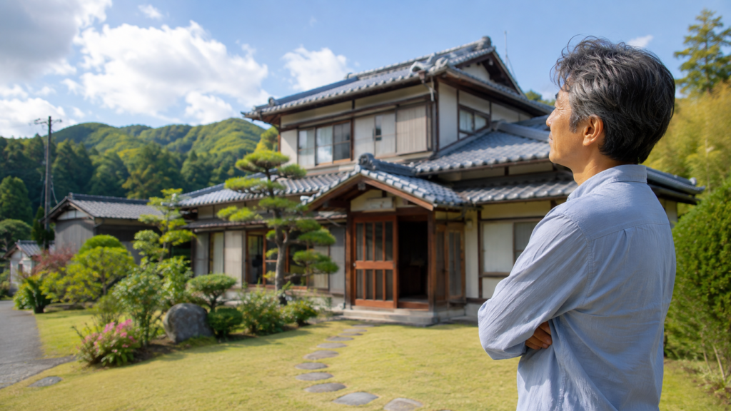田舎の相続した実家の売却を検討する日本人男性