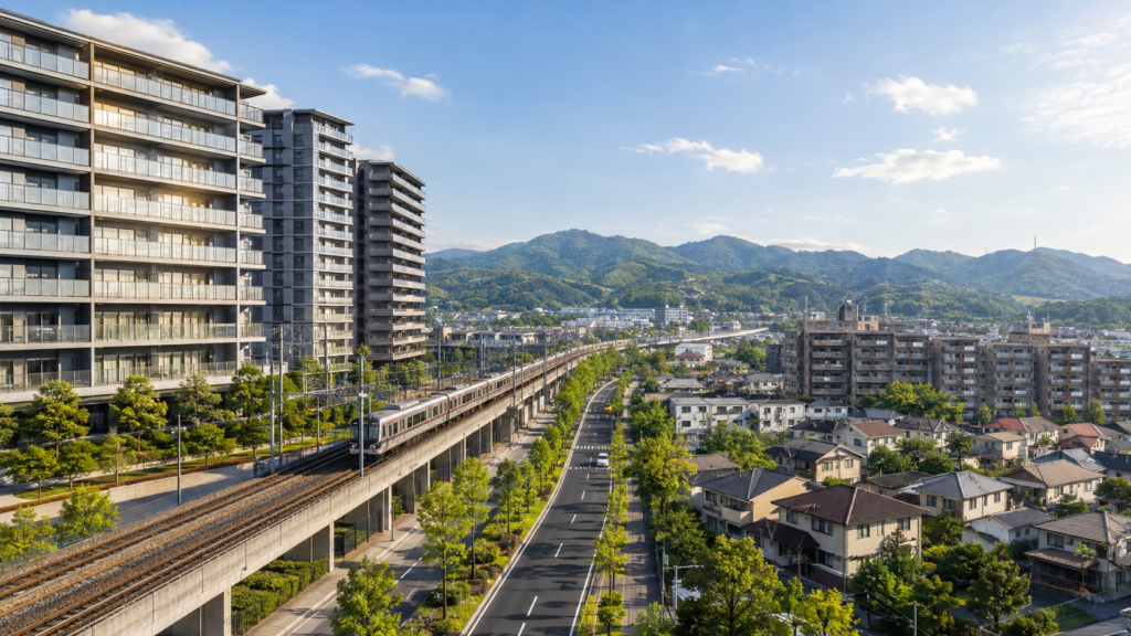 島本町の駅周辺とマンションが並ぶ住宅街のイメージ