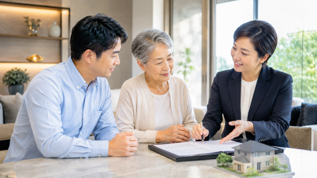 相続した実家の名義と売主を家族で確認する様子