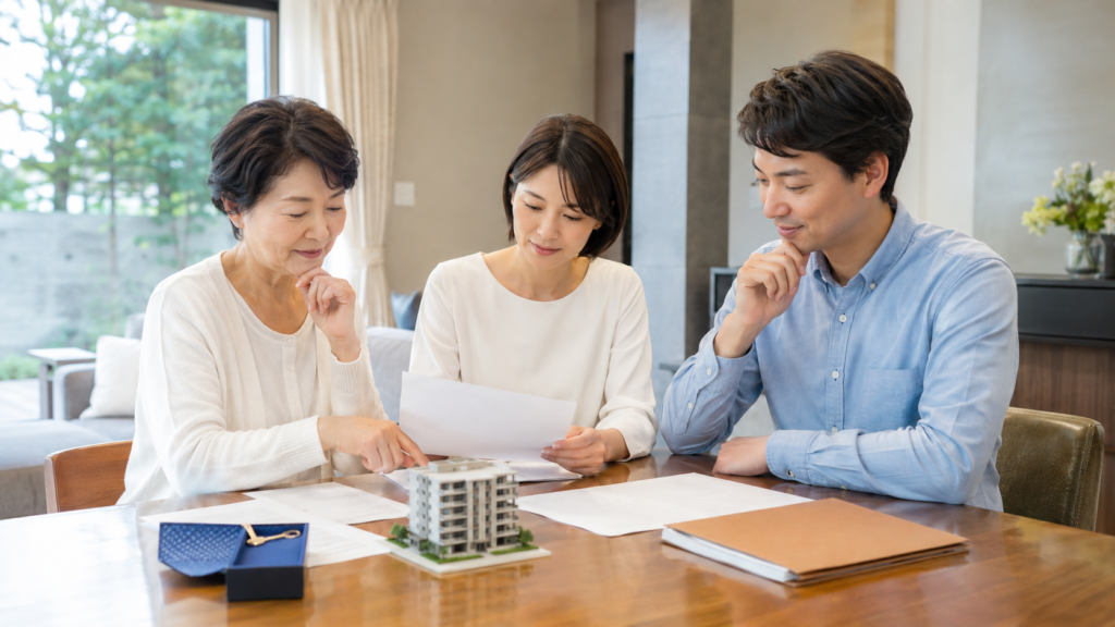 相続した吹田市のマンションの名義と売却を家族で確認する様子
